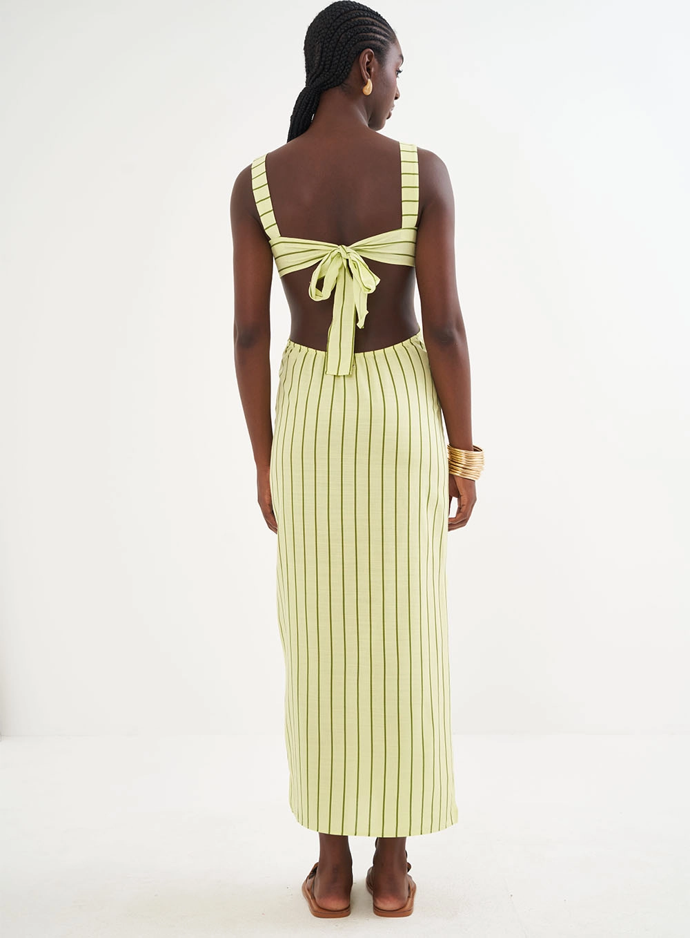 Vestido Midi Justo Com Listrado Estampados