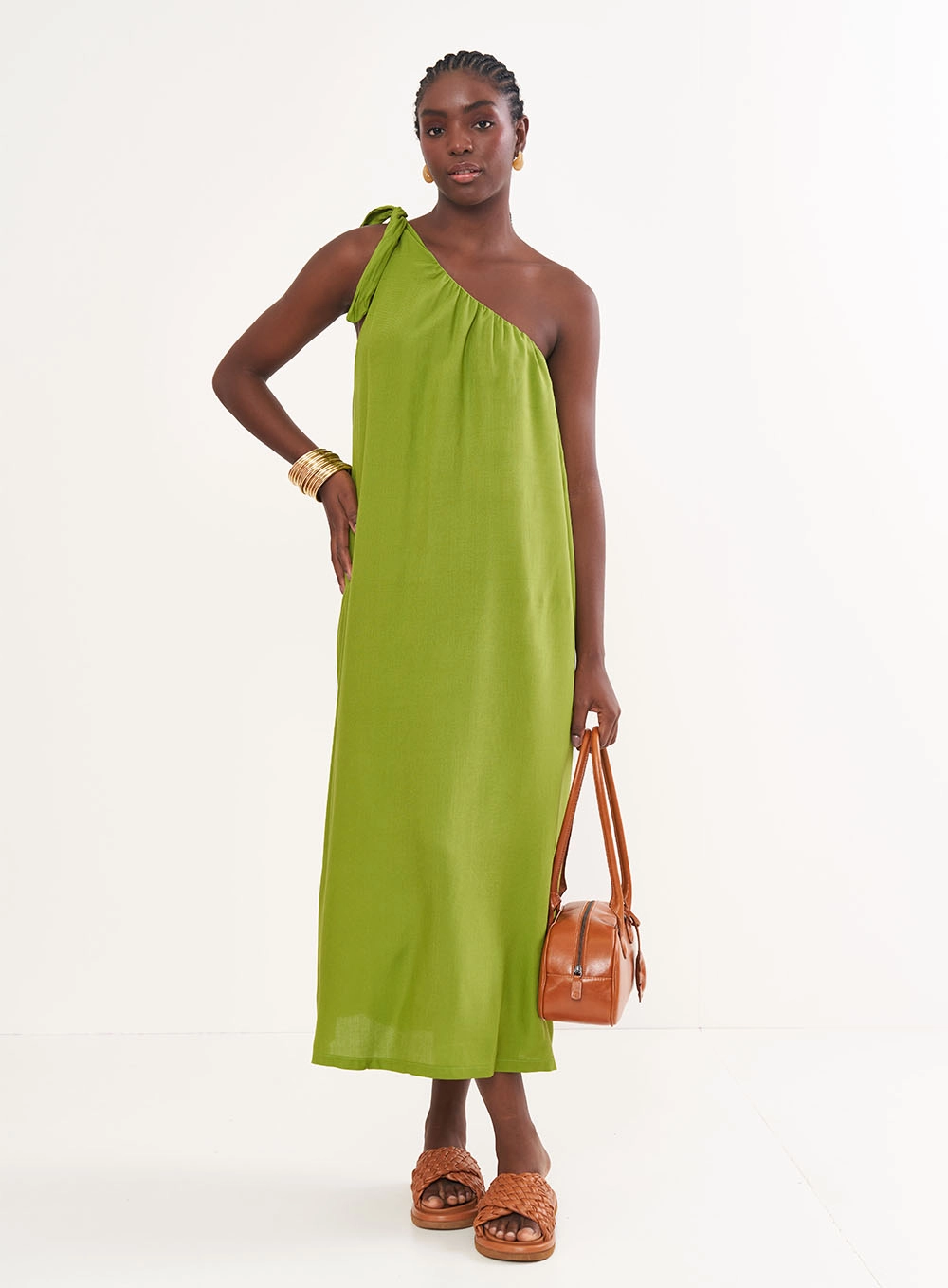 Vestido Longo Fluido Uma Alça Verde