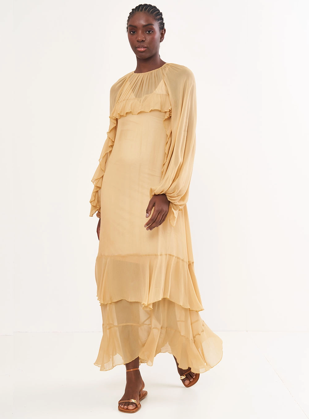 Vestido Longo Fluido Com Babados – Riviera Bege