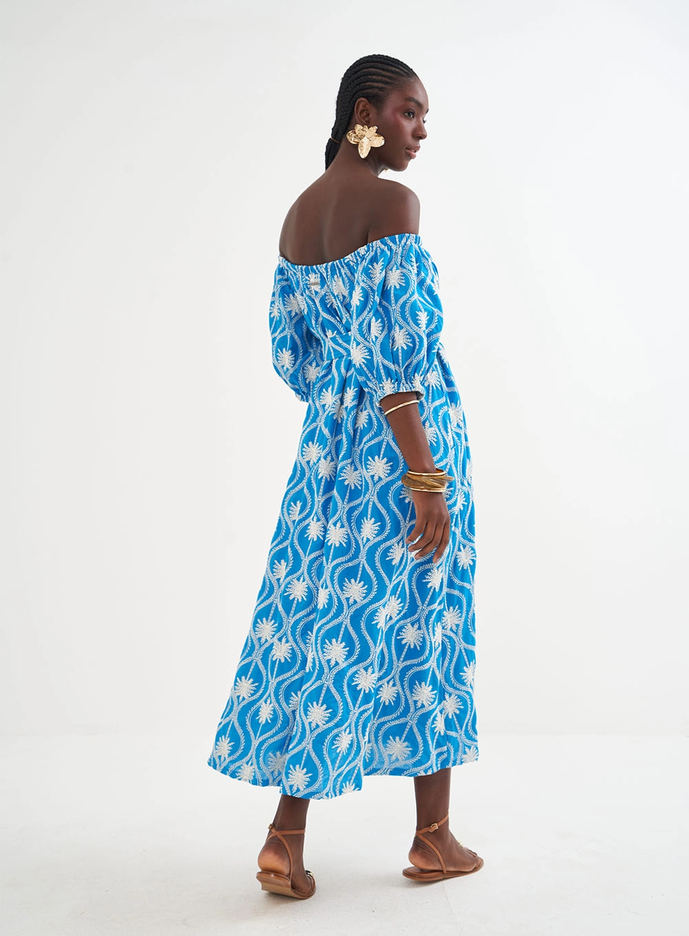 Vestido Bordado Midi Ombro À Ombro - Riviera Estampados