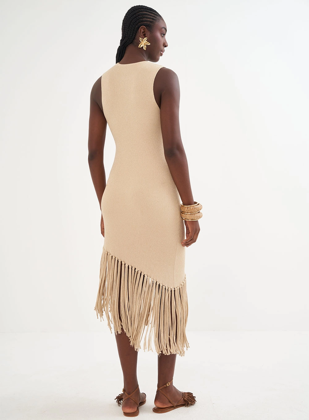 Vestido Trico Metalizado Com Franjas – Riviera Bege