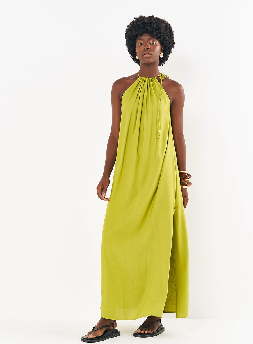 Vestido Linho Longo Com Fenda Lateral