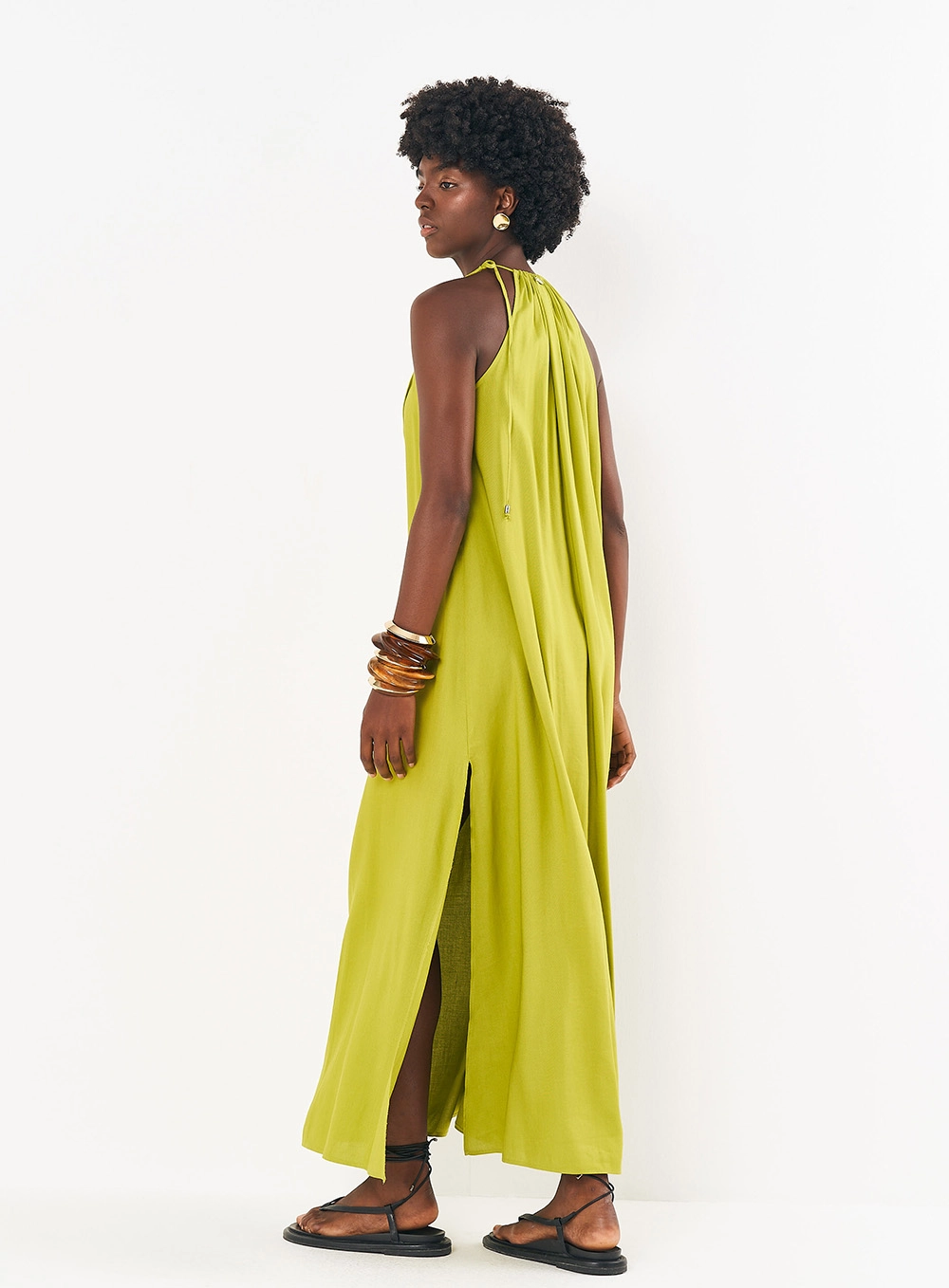 Vestido Linho Longo Com Fenda Lateral Verde