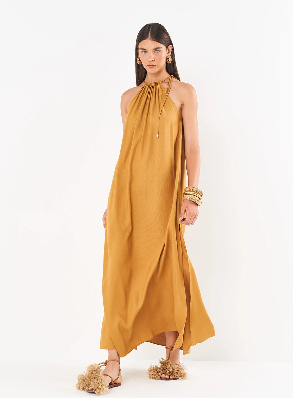 Vestido Linho Longo Com Fenda Lateral Marrom Ebbela
