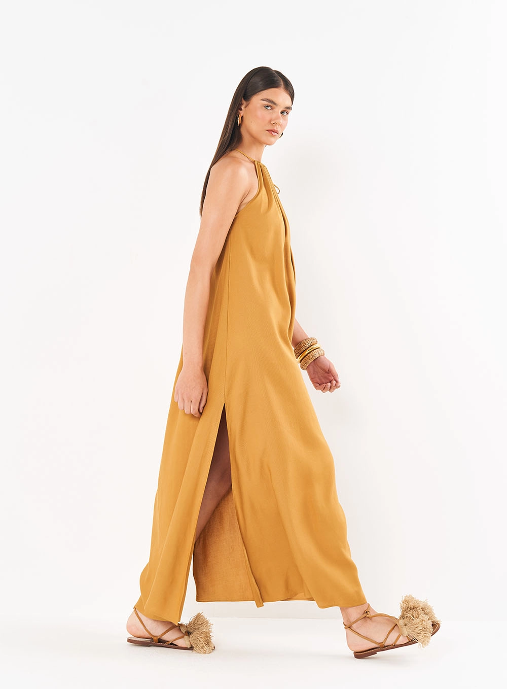 Vestido Linho Longo Com Fenda Lateral Marrom Ebbela