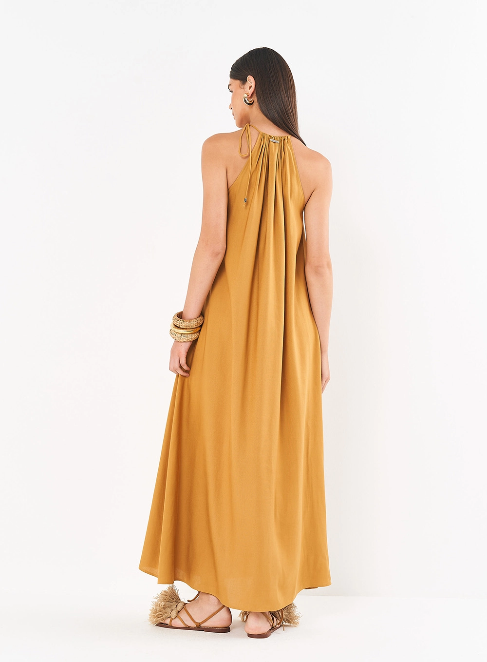 Vestido Linho Longo Com Fenda Lateral Marrom Ebbela