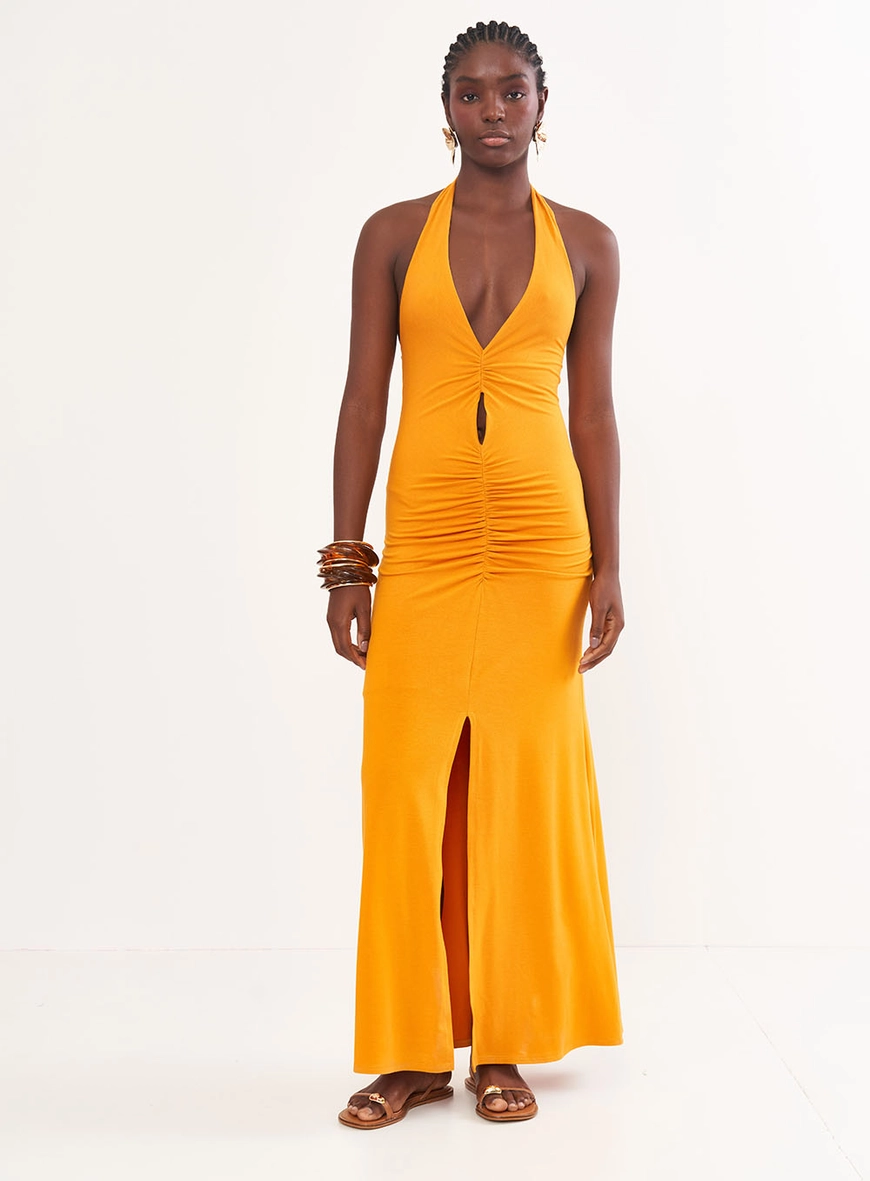 Vestido Longo Frente Única Com Drapeado Frontal