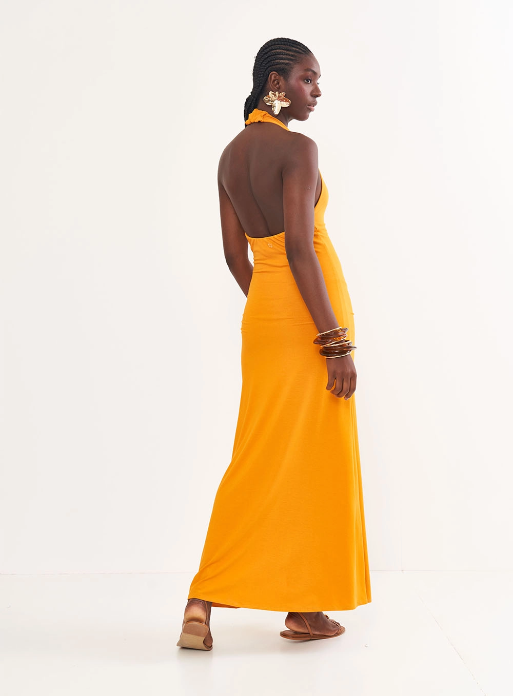 Vestido Longo Frente Única Com Drapeado Frontal Laranja