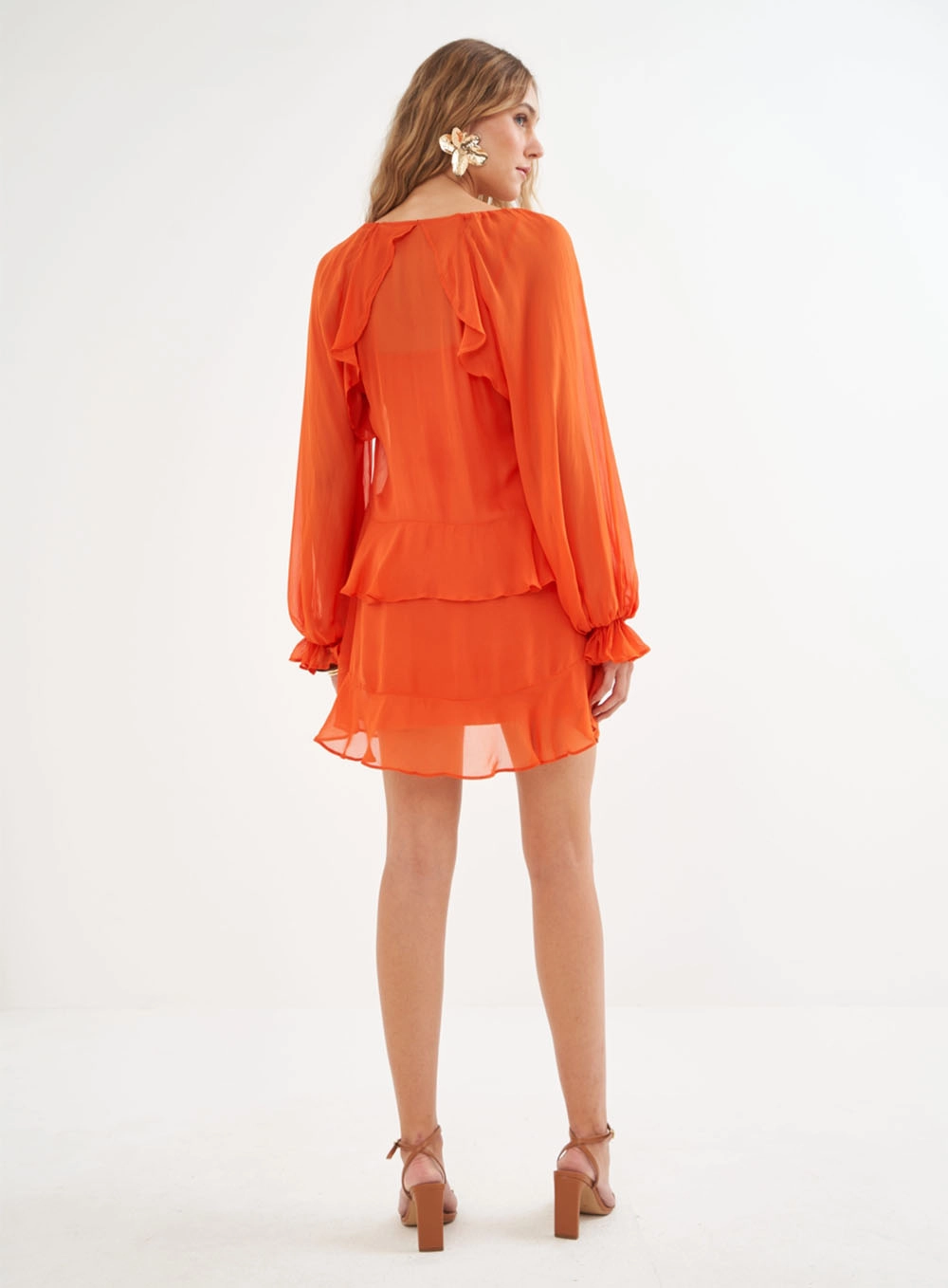 Vestido Fluido Com Babados E Manga Longa – Riviera Laranja