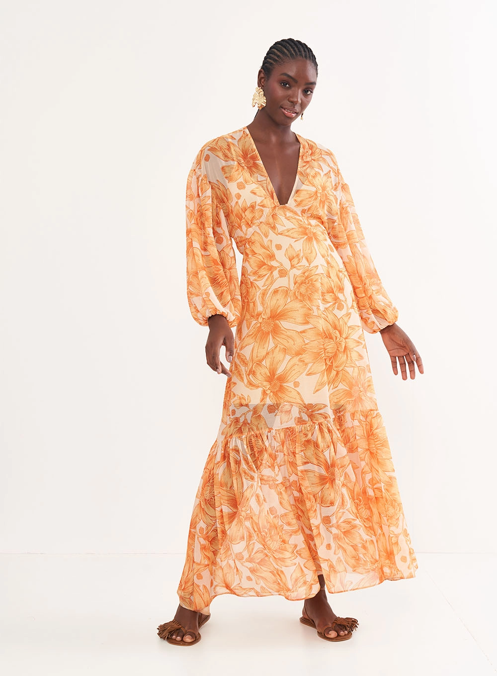 Vestido Fluido Com Mangas Bufantes - Riviera Estampados