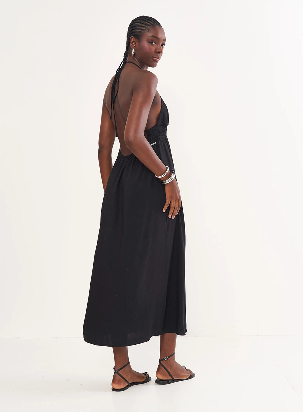 Vestido Linho Midi Frente Única Preto