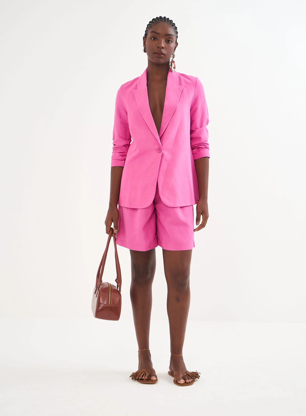 Blazer Feminino Linho Alfaiataria Rosa