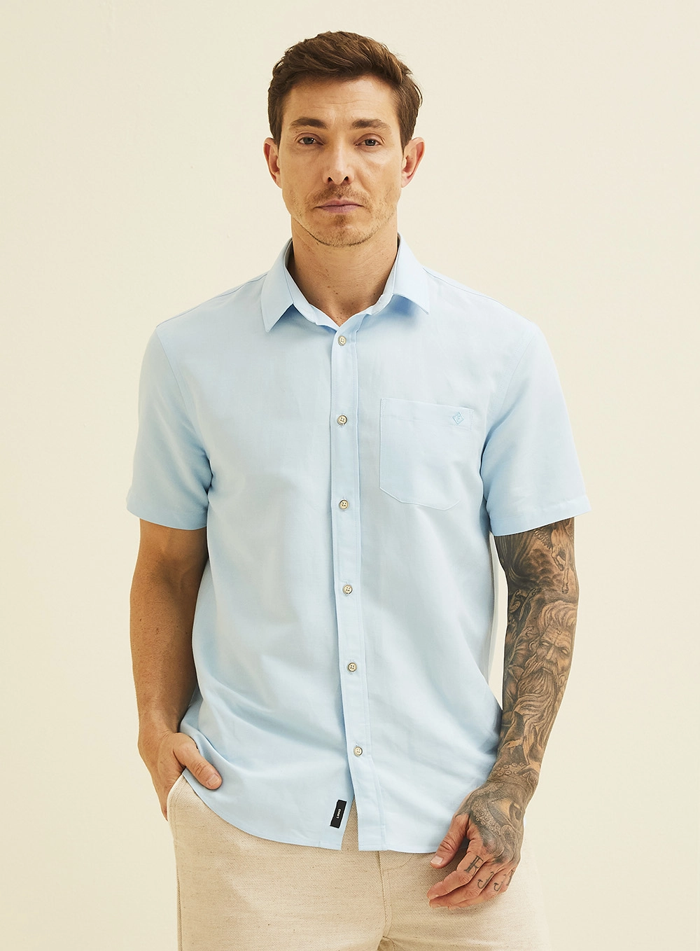 Camisa Relax Masculina Com Linho Azul 6