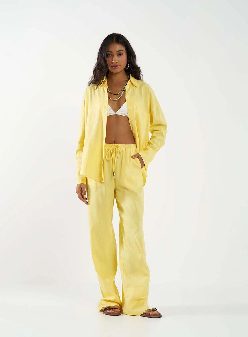 Calça Linho Reta Média Amarelo 1