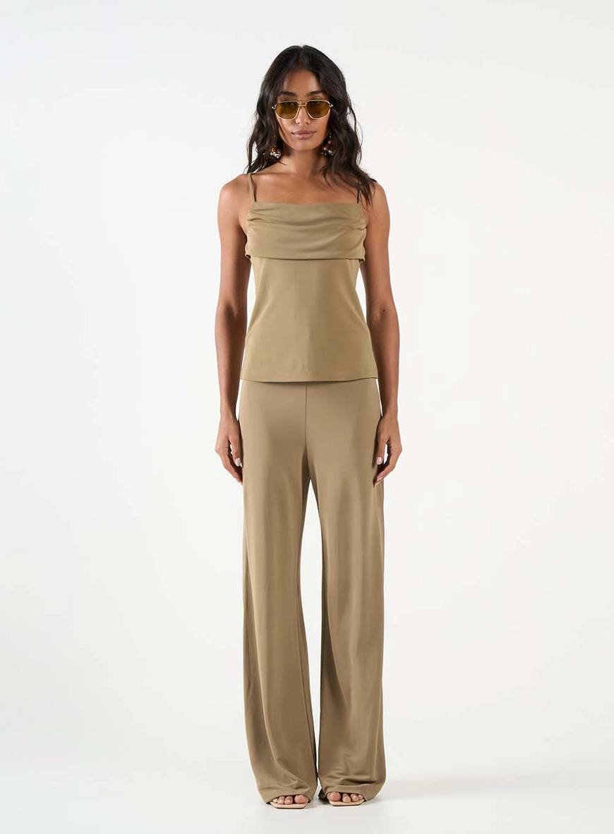 Calça Wide Leg Cós Médio Bege 1