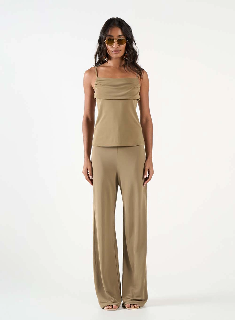 Calça Wide Leg Cós Médio Bege 1