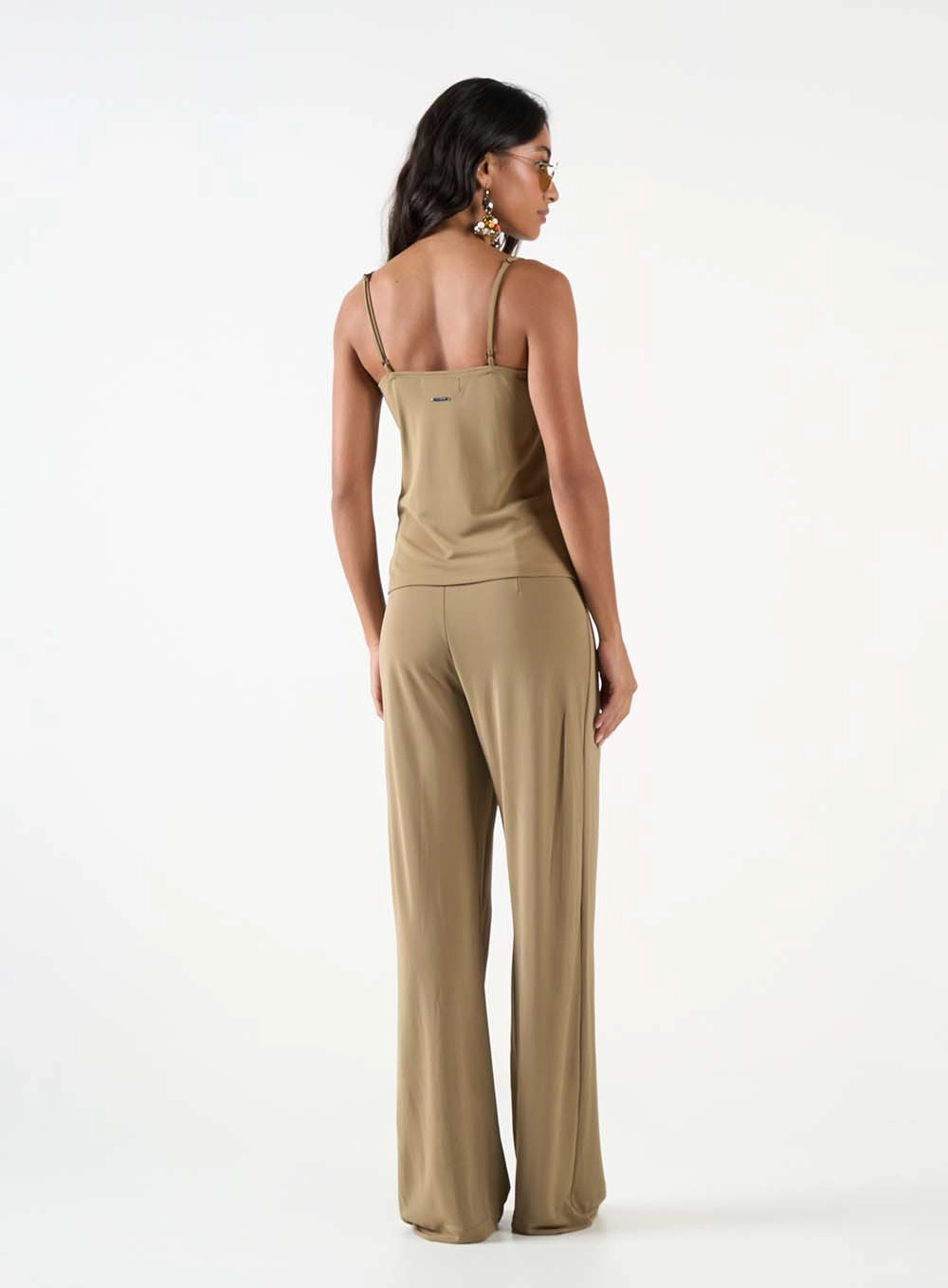 Calça Wide Leg Cós Médio Bege 4