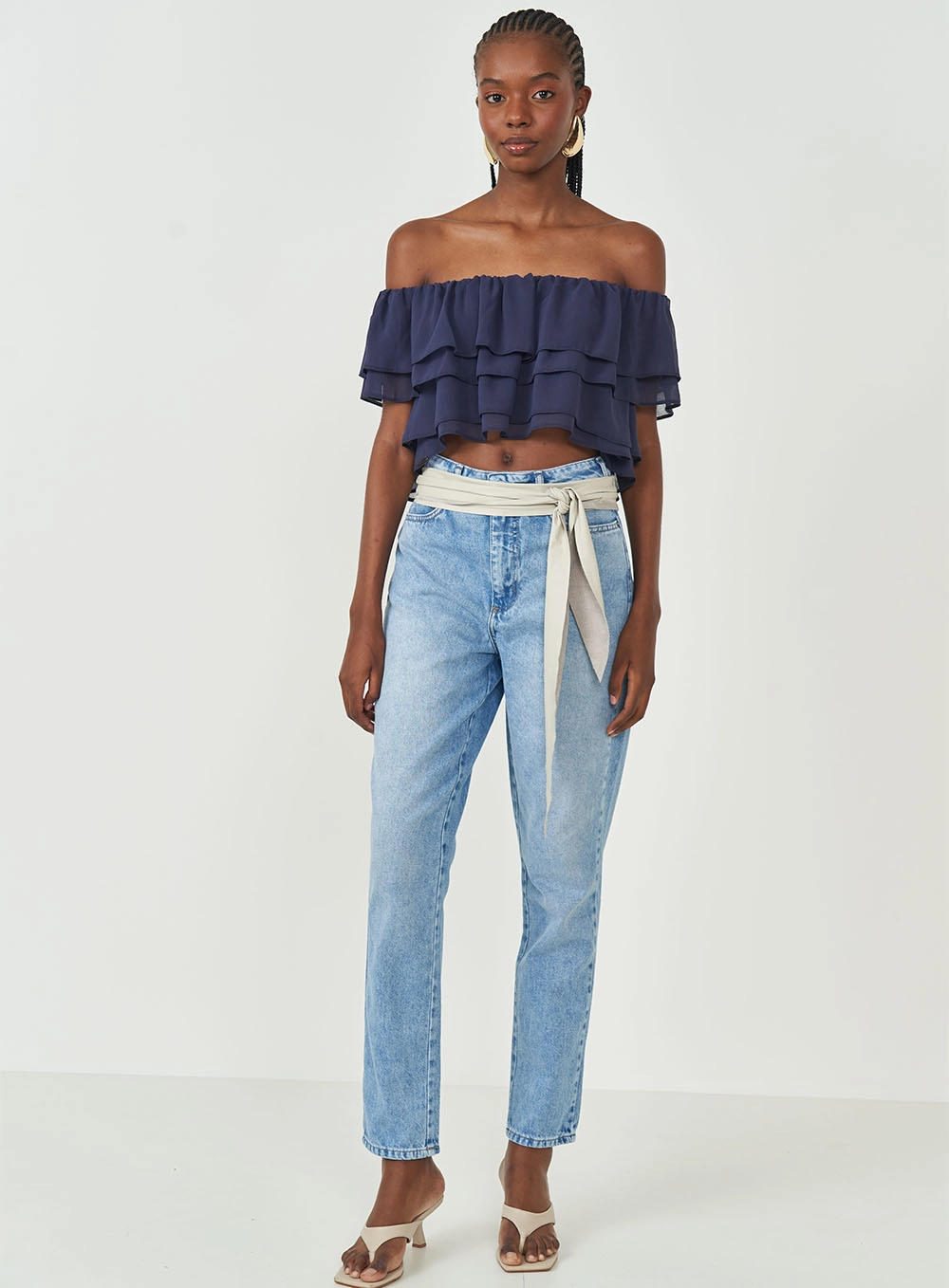 Blusa Ombro A Ombro Com Babados Azul