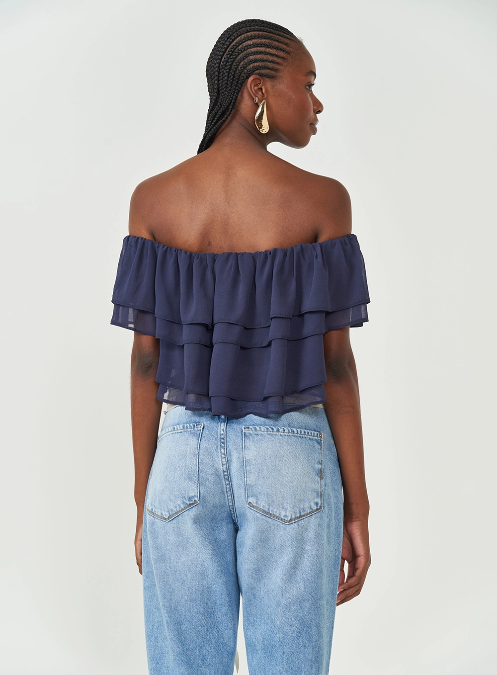 Blusa Ombro A Ombro Com Babados Azul