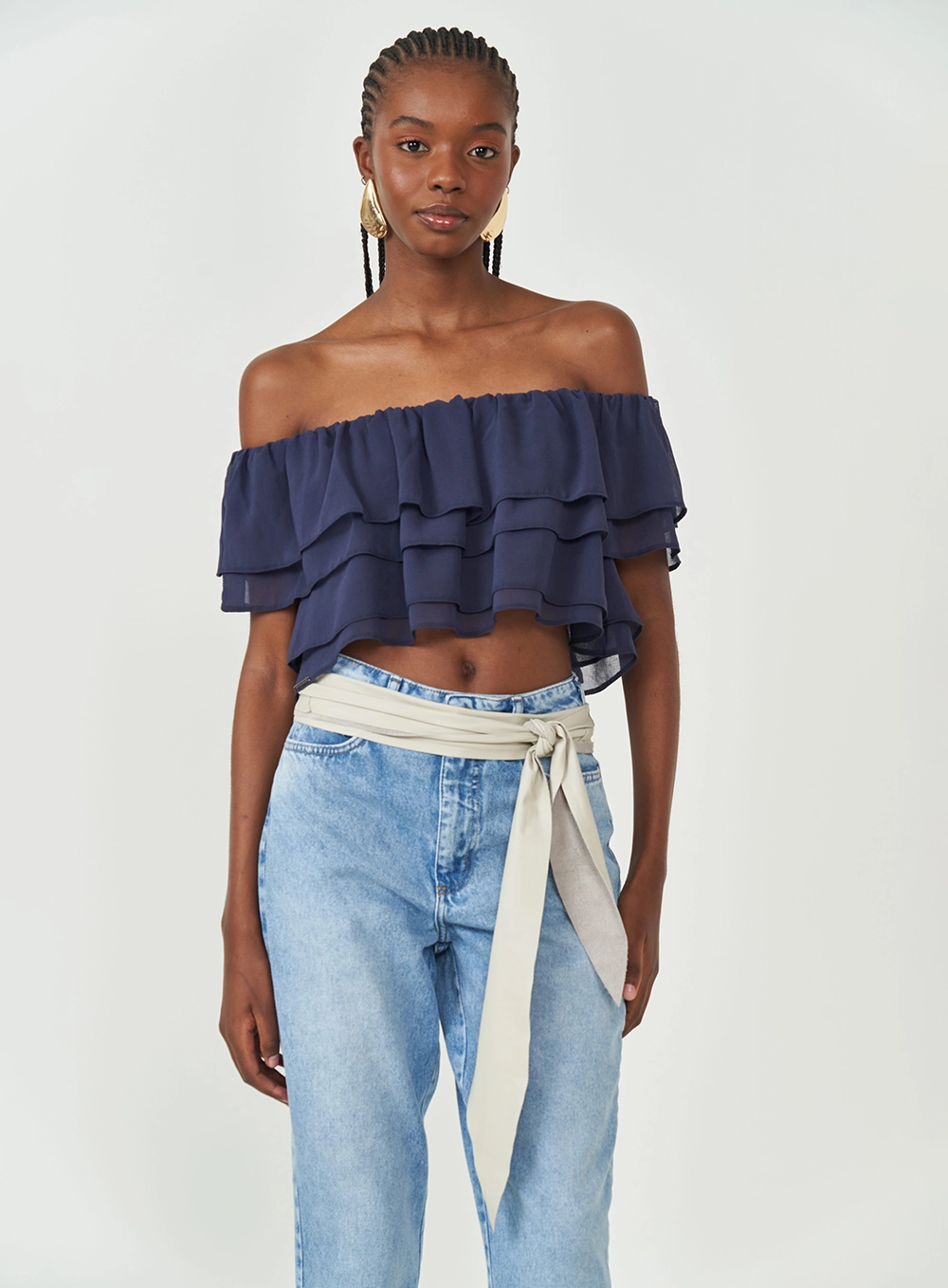 Blusa Ombro A Ombro Com Babados Azul