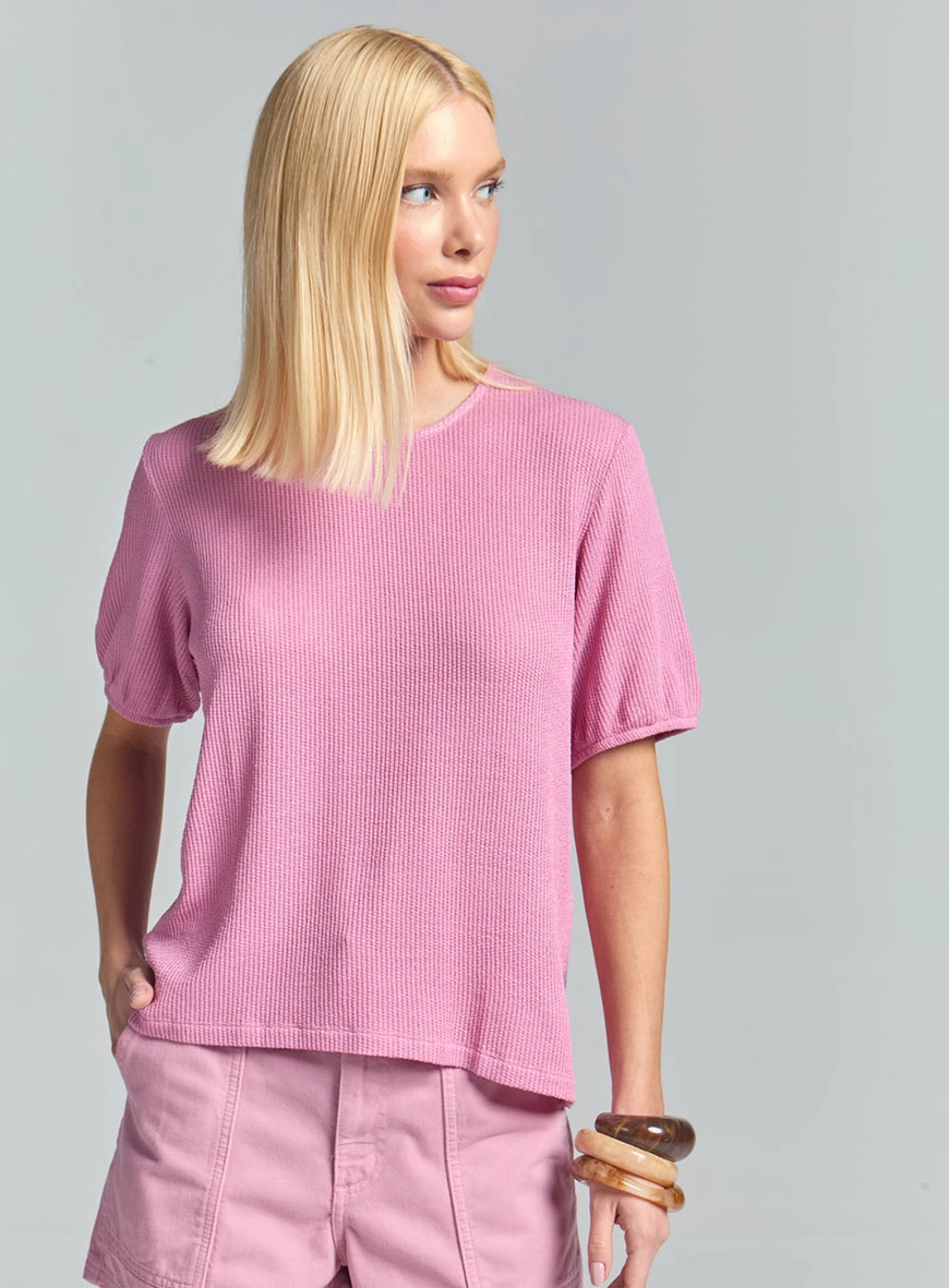 Camiseta Feminina Comfort Canelada Manga Curta Rosa 4