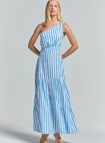 Vestido Longo Um Ombro Só Listrado