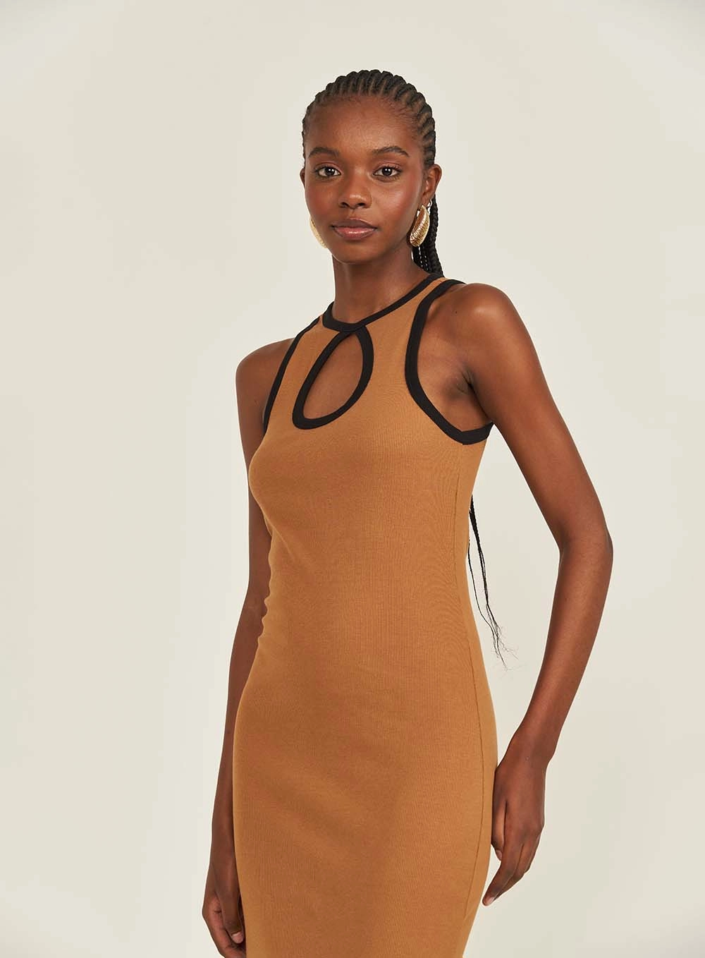 Vestido Midi Malha Com Contrast Marrom Evermore
