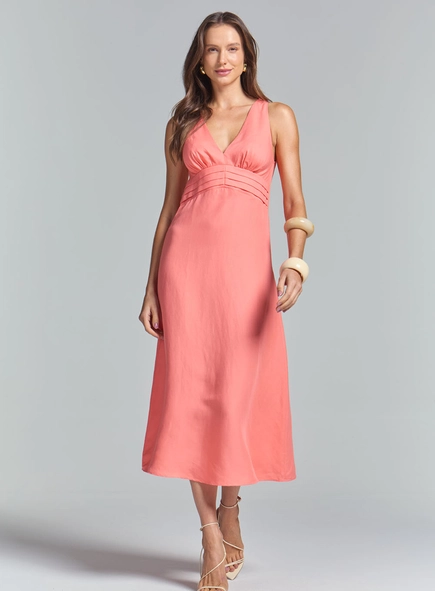 Vestido Midi Linho Evasê Com Franzidos