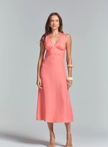 Vestido Midi Linho Evasê Com Franzidos