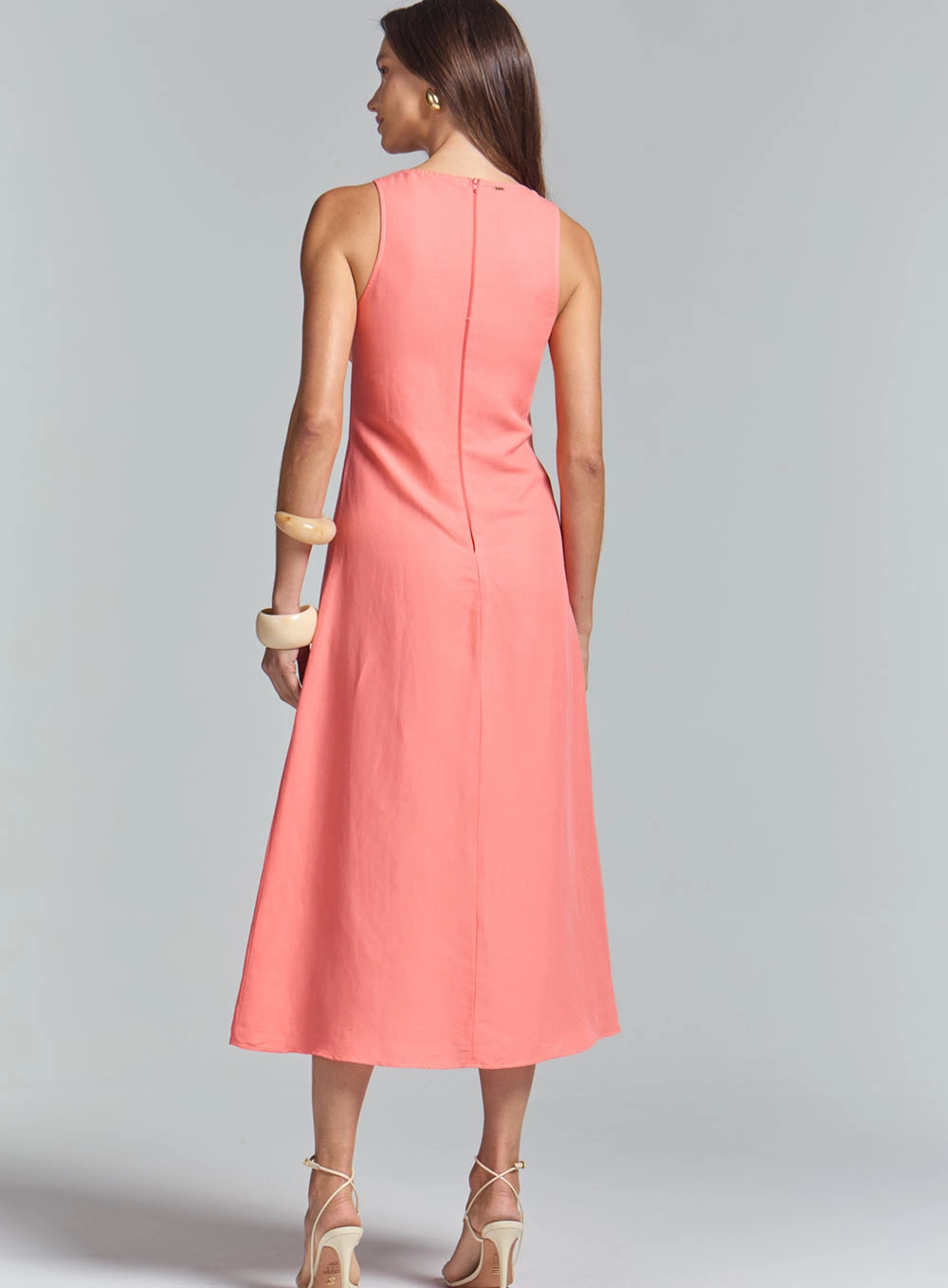 Vestido Midi Linho Evasê Com Franzidos Laranja 4
