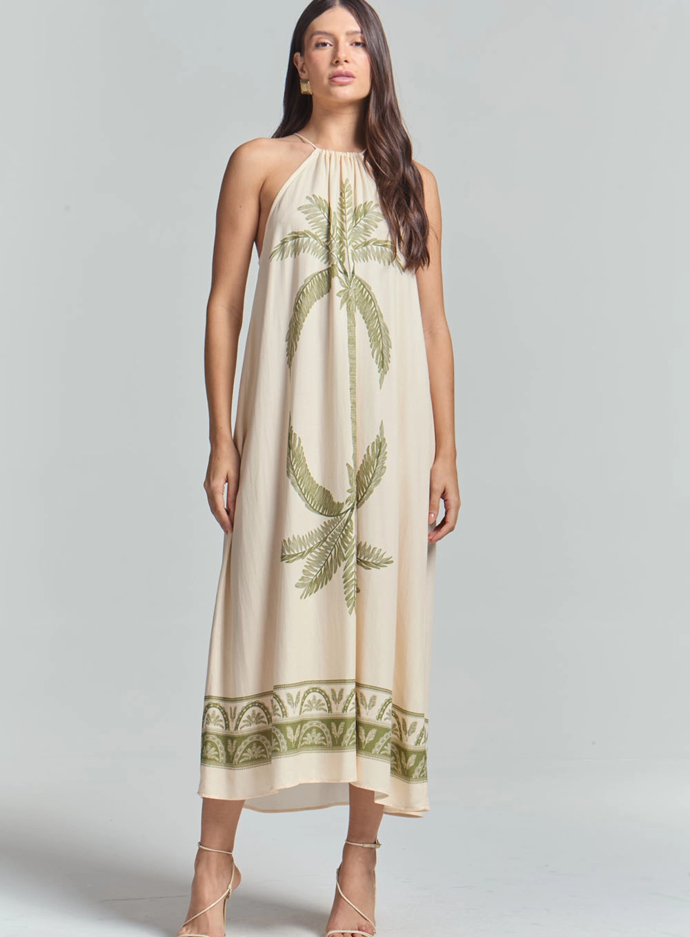 Vestido Midi Evasê Estampado Bege 4