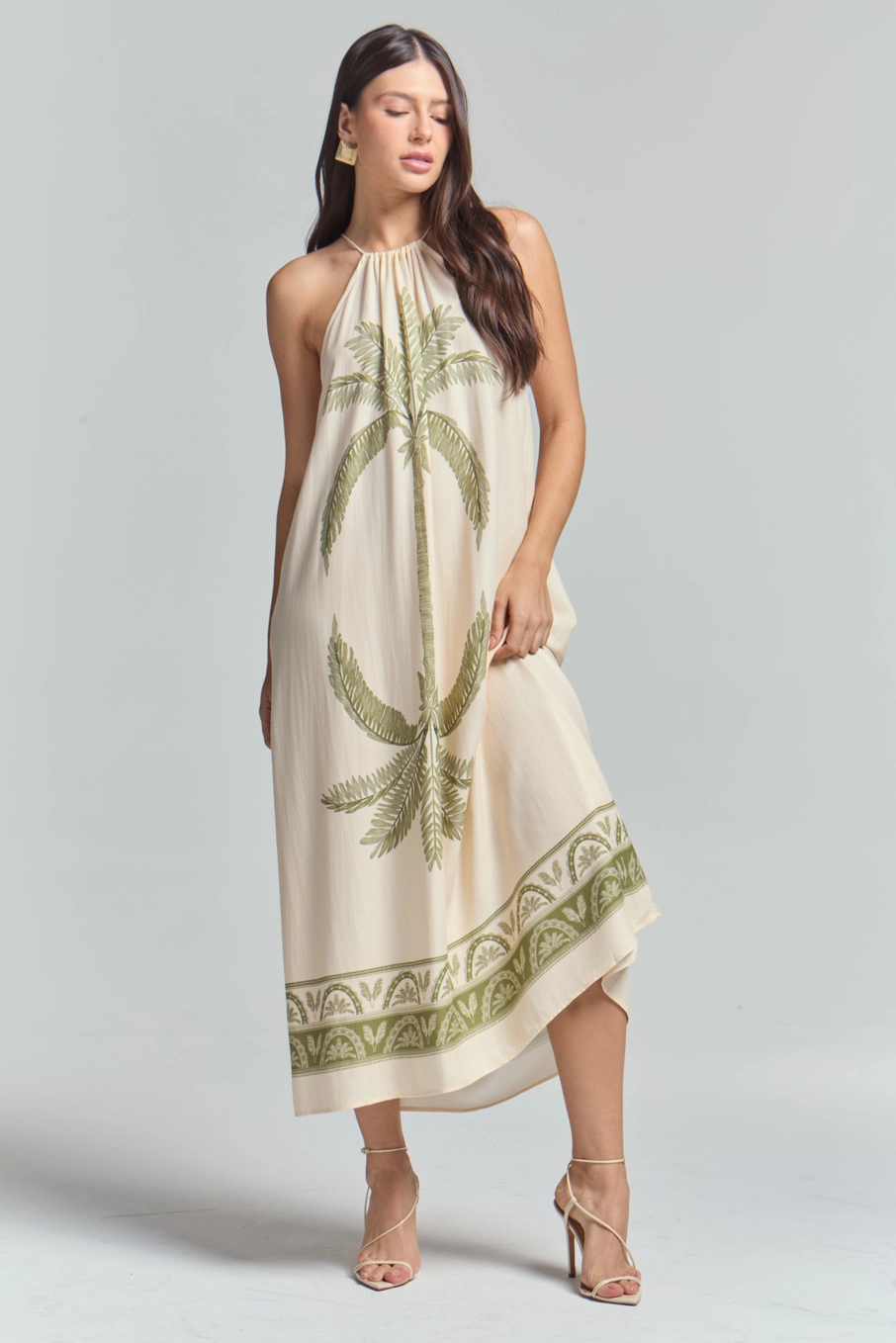 Vestido Midi Evasê Estampado Bege 1