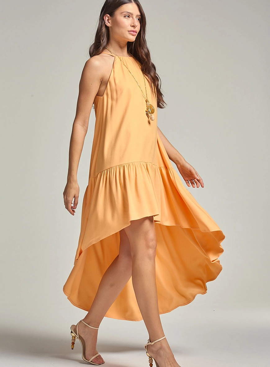 Vestido Mullet Com Babado E Alça No Pescoço Laranja 2