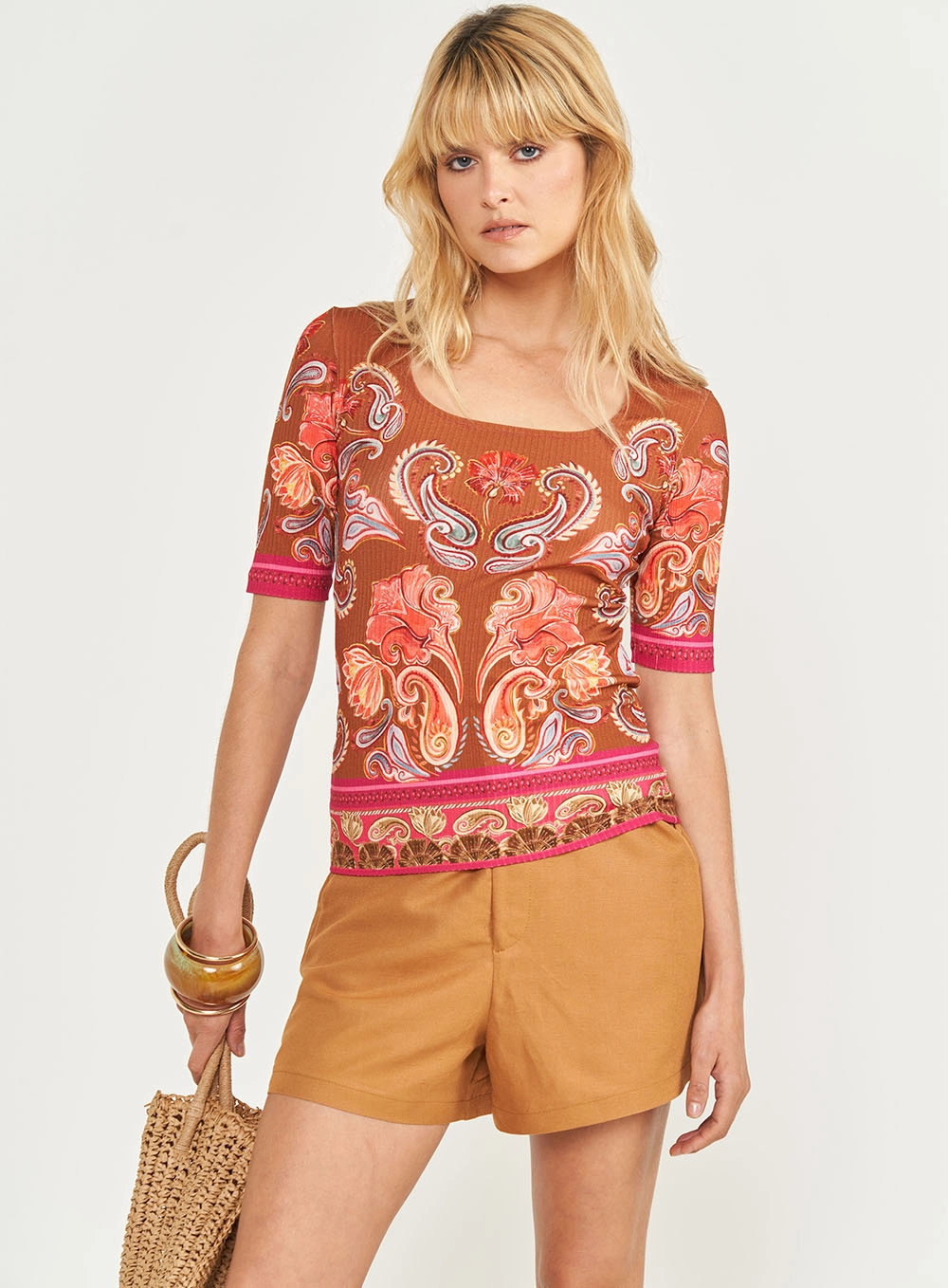 Blusa Slim Canelada Com Estampa Estampados