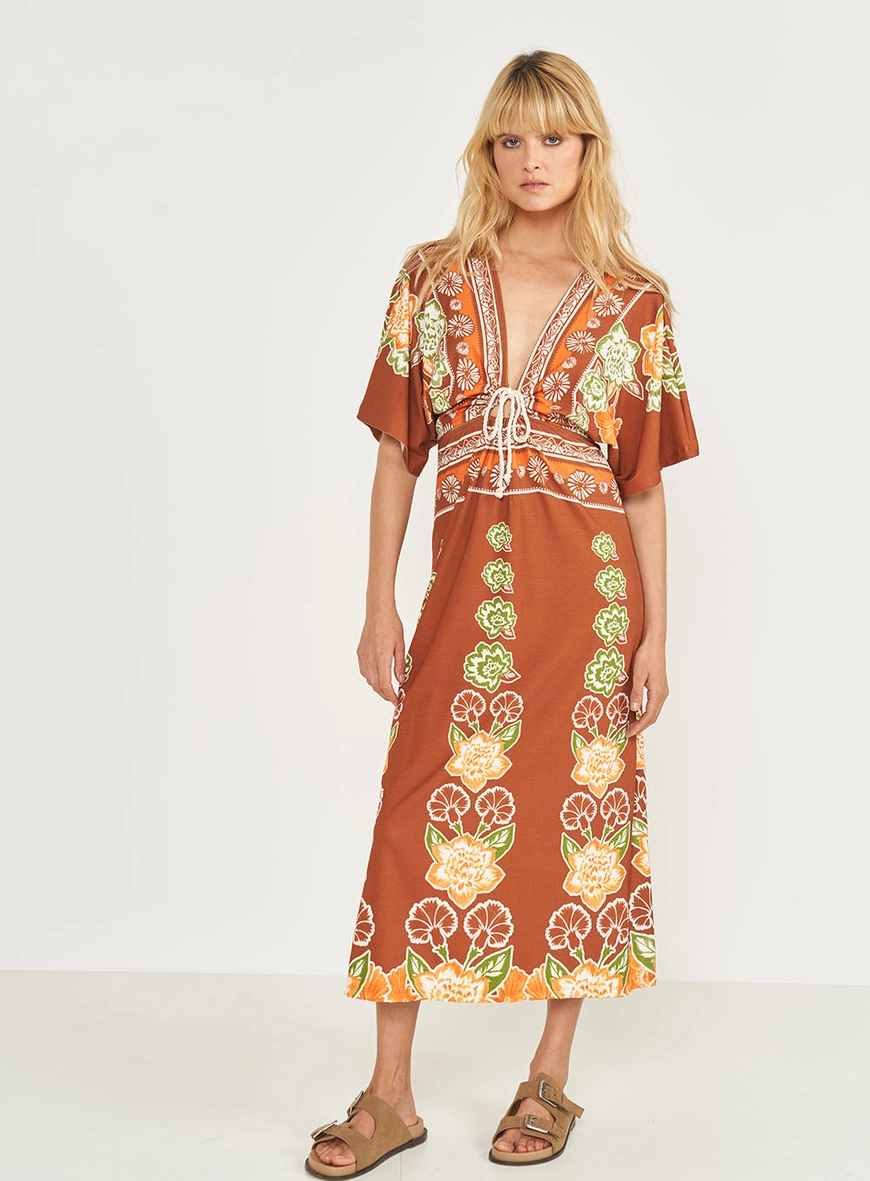 Vestido Midi Comfort Com Estampa E Mangas Amplas