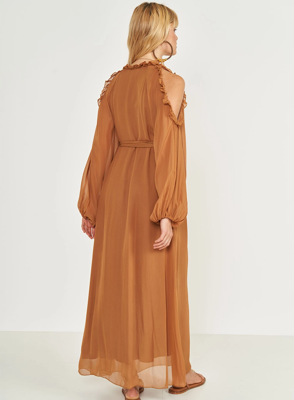 Vestido Loose Com Mangas Bufantes E Babados Marrom Evermore