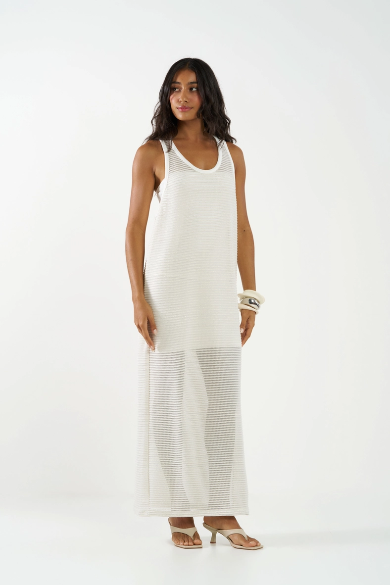Vestido Longo Metalizado Em Renda Off-White 1