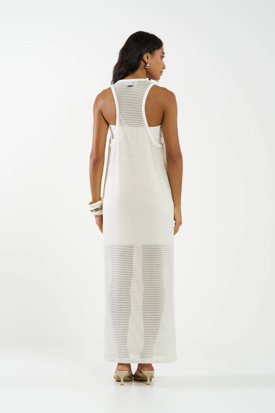Vestido Longo Metalizado Em Renda Off-White 5