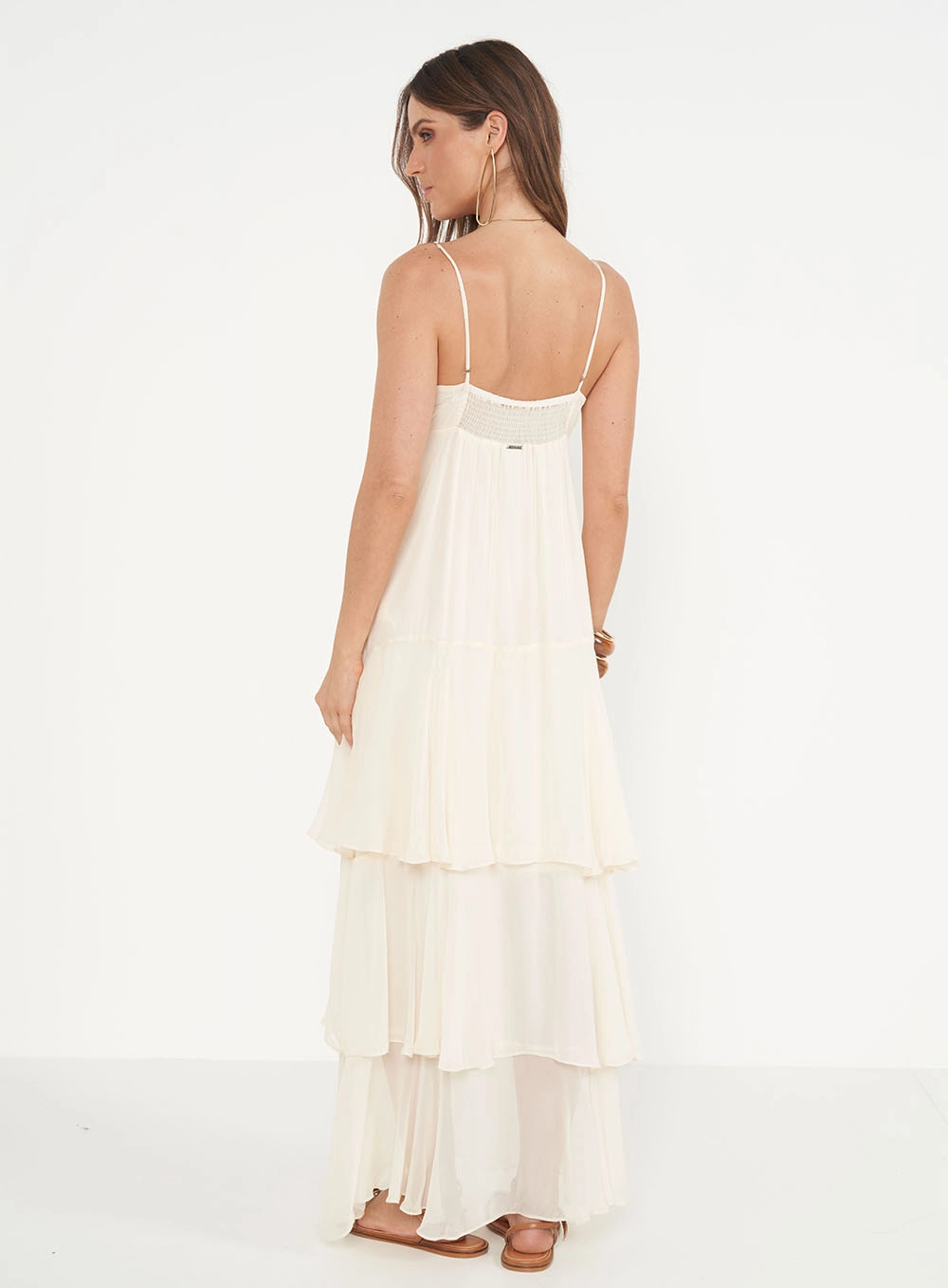 Vestido Longo Comfort Com Babados Bege