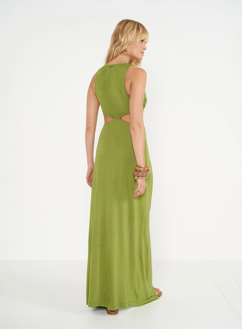Vestido Longo Slim Com Fenda E Torção Acinturada Verde