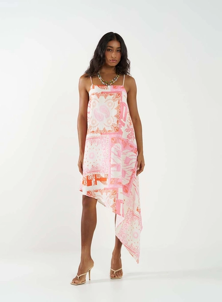 Vestido Linho Estampado Com Barra Assimétrica