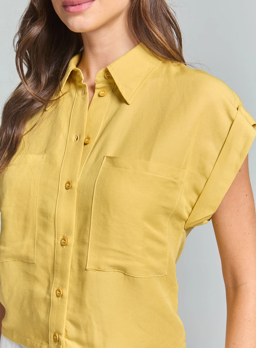 Camisa Linho Encurtada Com Detalhe Frontal Amarelo 3