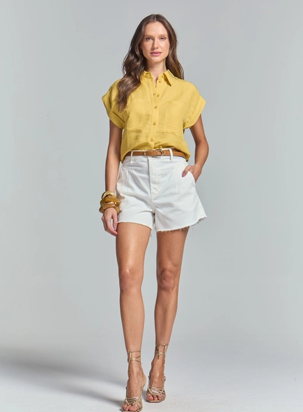 Camisa Linho Encurtada Com Detalhe Frontal