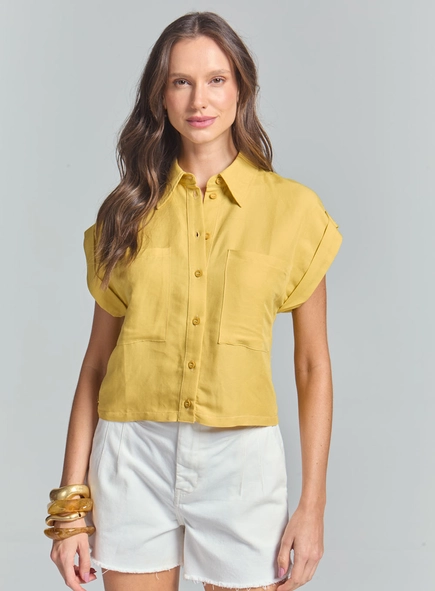 Camisa Linho Encurtada Com Detalhe Frontal