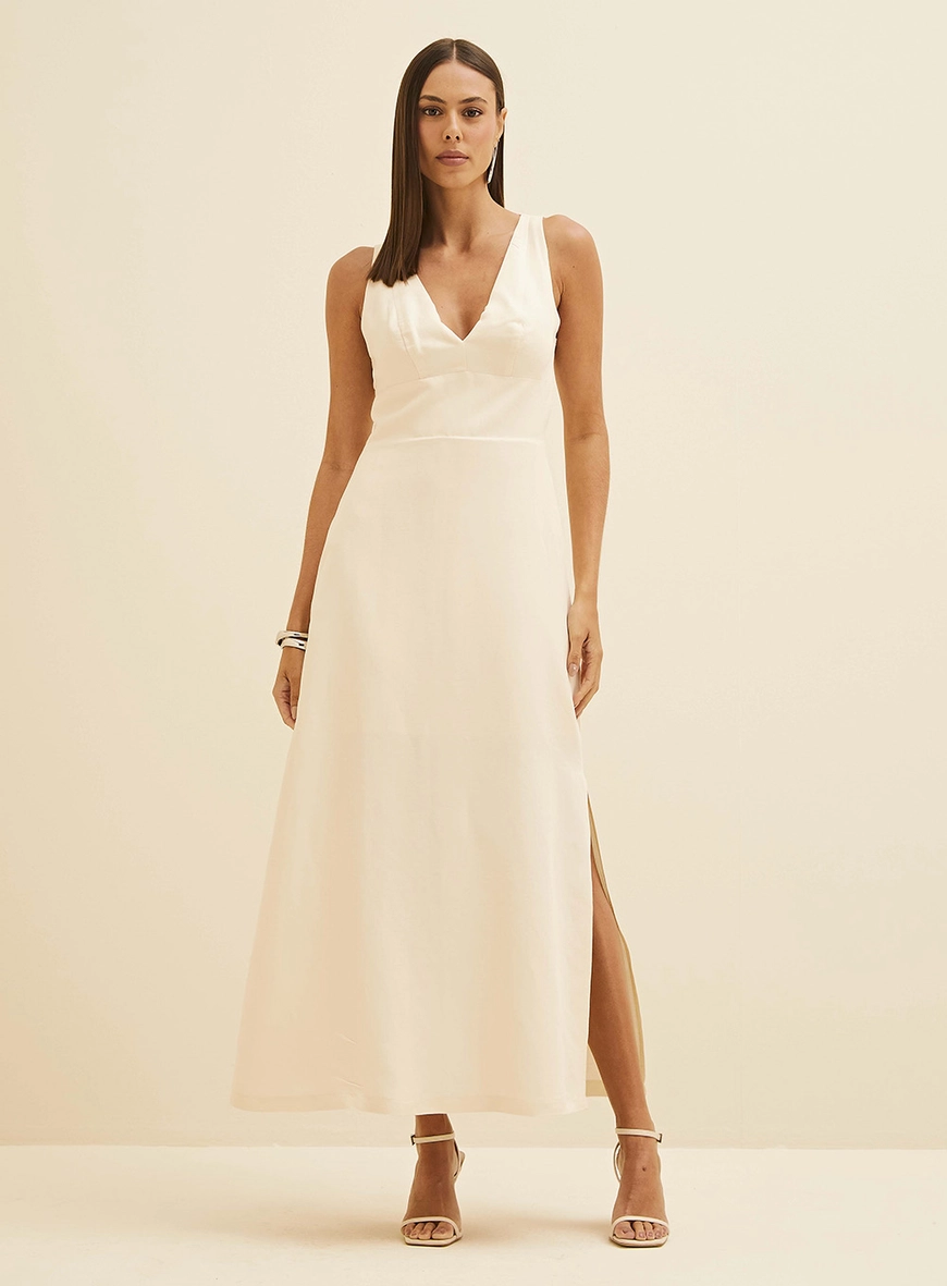 Vestido Midi Reto Em Linho Bege