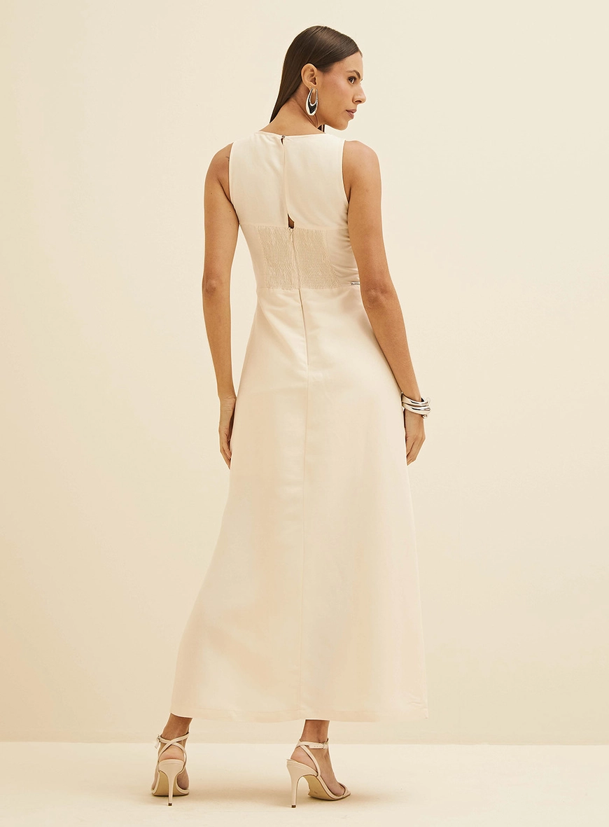 Vestido Midi Reto Em Linho Bege