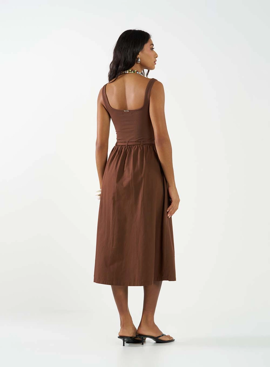 Vestido Midi Decote Quadrado E Bolsos Frontais Marrom 4