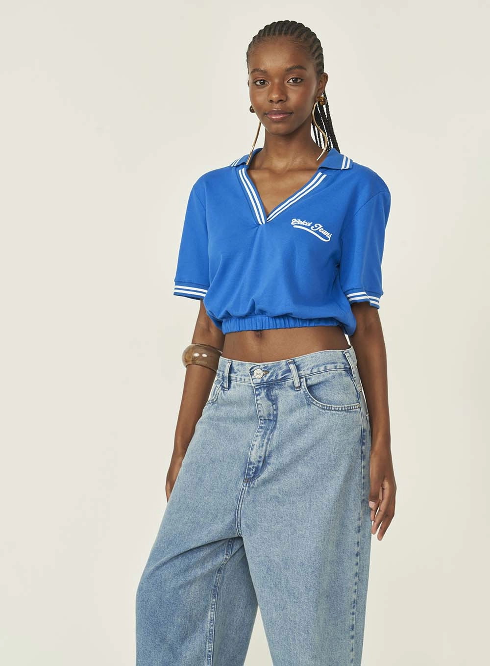 Polo Feminina Malha Gola V Azul