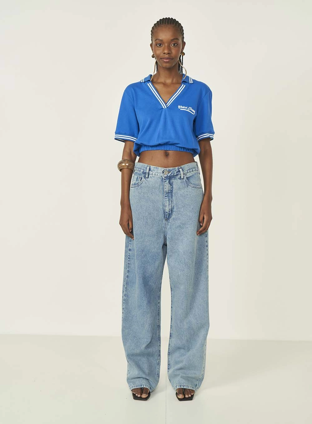 Polo Feminina Malha Gola V Azul