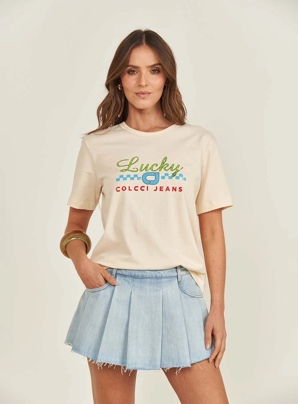 Camiseta Feminina Loose Estampada Bege